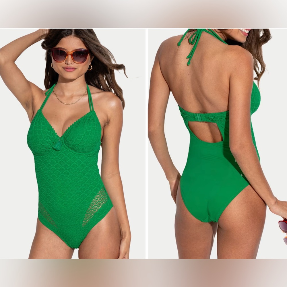 Green Textured One-Piece Swimsuit with Halter Tie